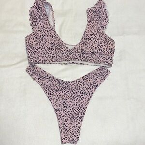 SHEIN light pink leopard ruffled shoulder, high waisted bikini - Sz Small